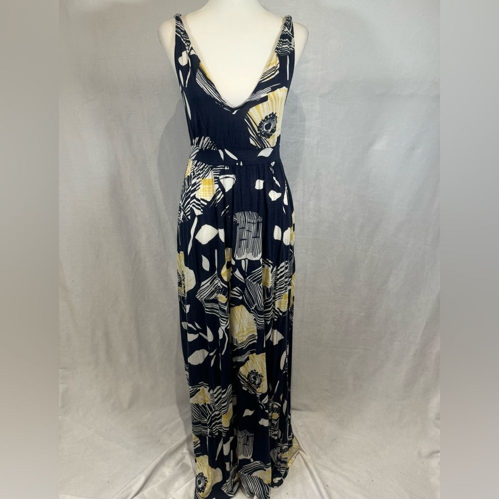 Mossimo navy and yellow abstract print twist strap maxi dress size small